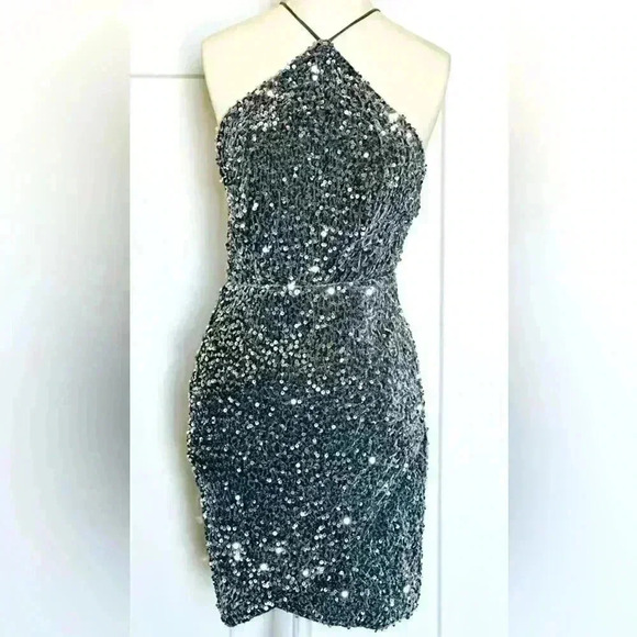Saints and Secrets Silver Sequin Mini Dress Strappy Back Size Small - Picture 1 of 7
